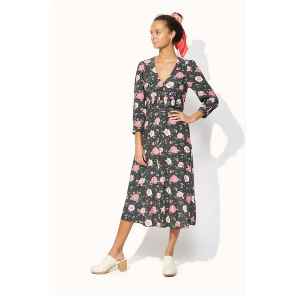 CATH KIDSTON Tea Rose Ruffle Midi Tea Dress Pink Navy Blue Sz 16 {MM37} - Picture 1 of 7